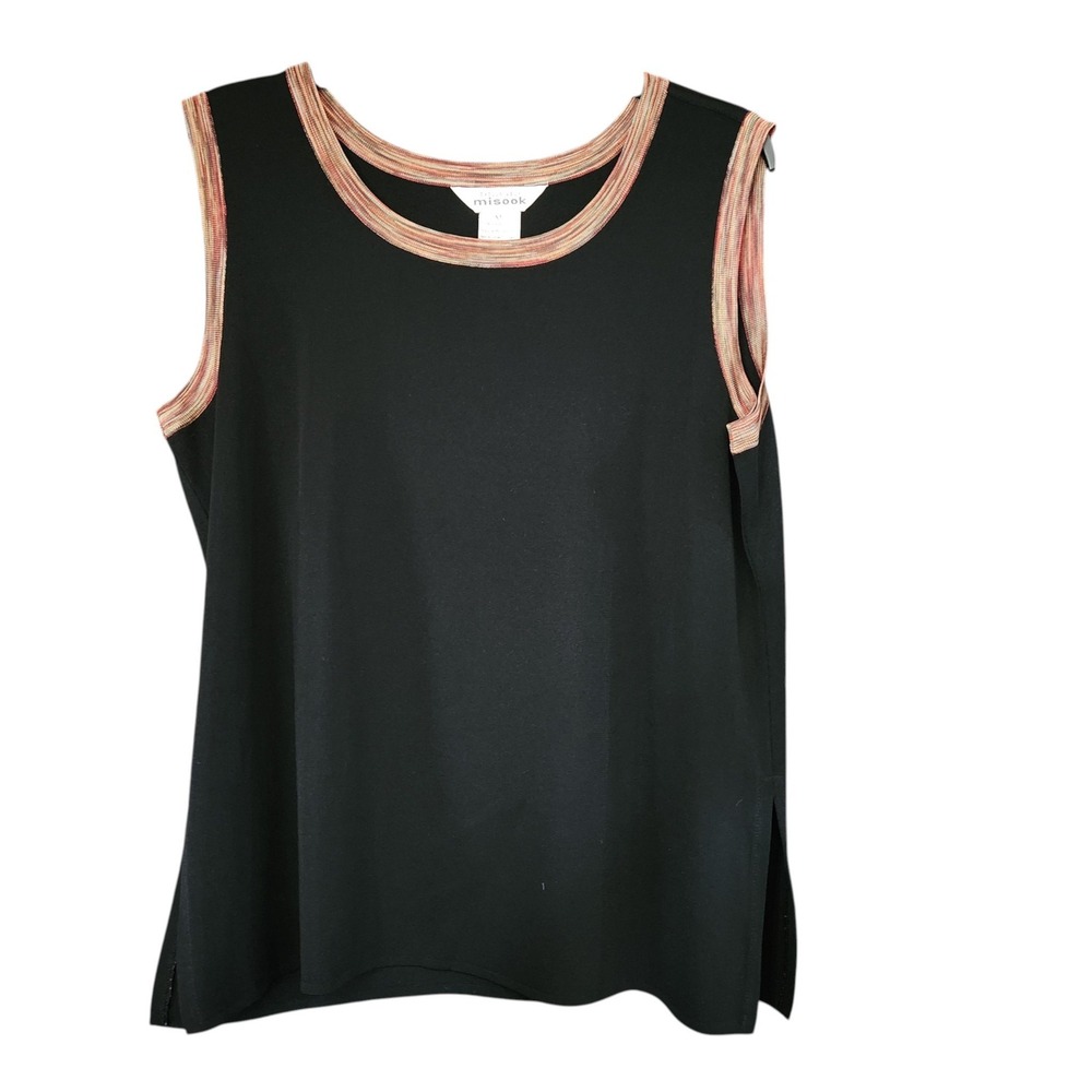 Exclusively Misook XL Black Knit Sleeveless Shell Tank Top Striped Trim